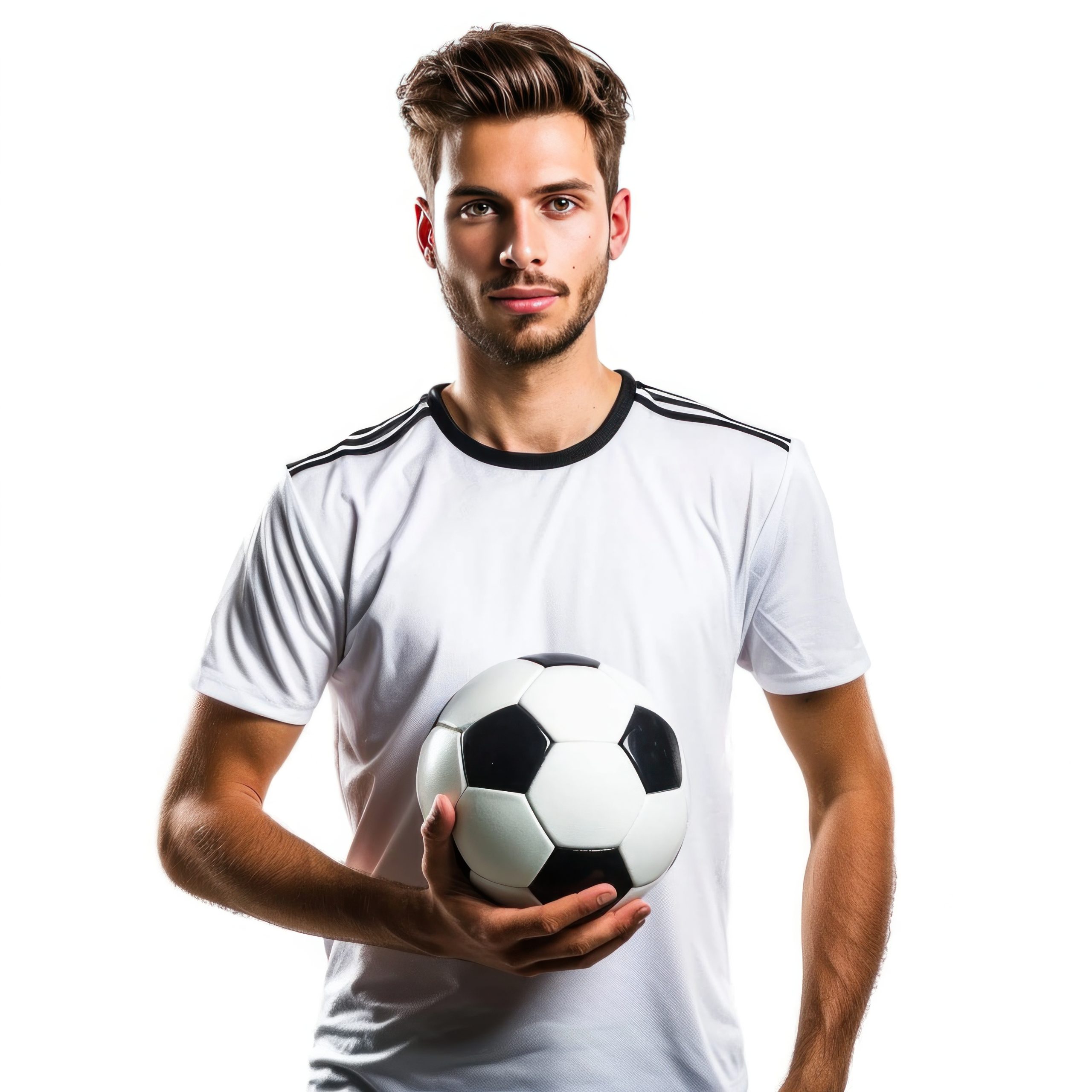 Handsome soccer player with ball in hand isolated